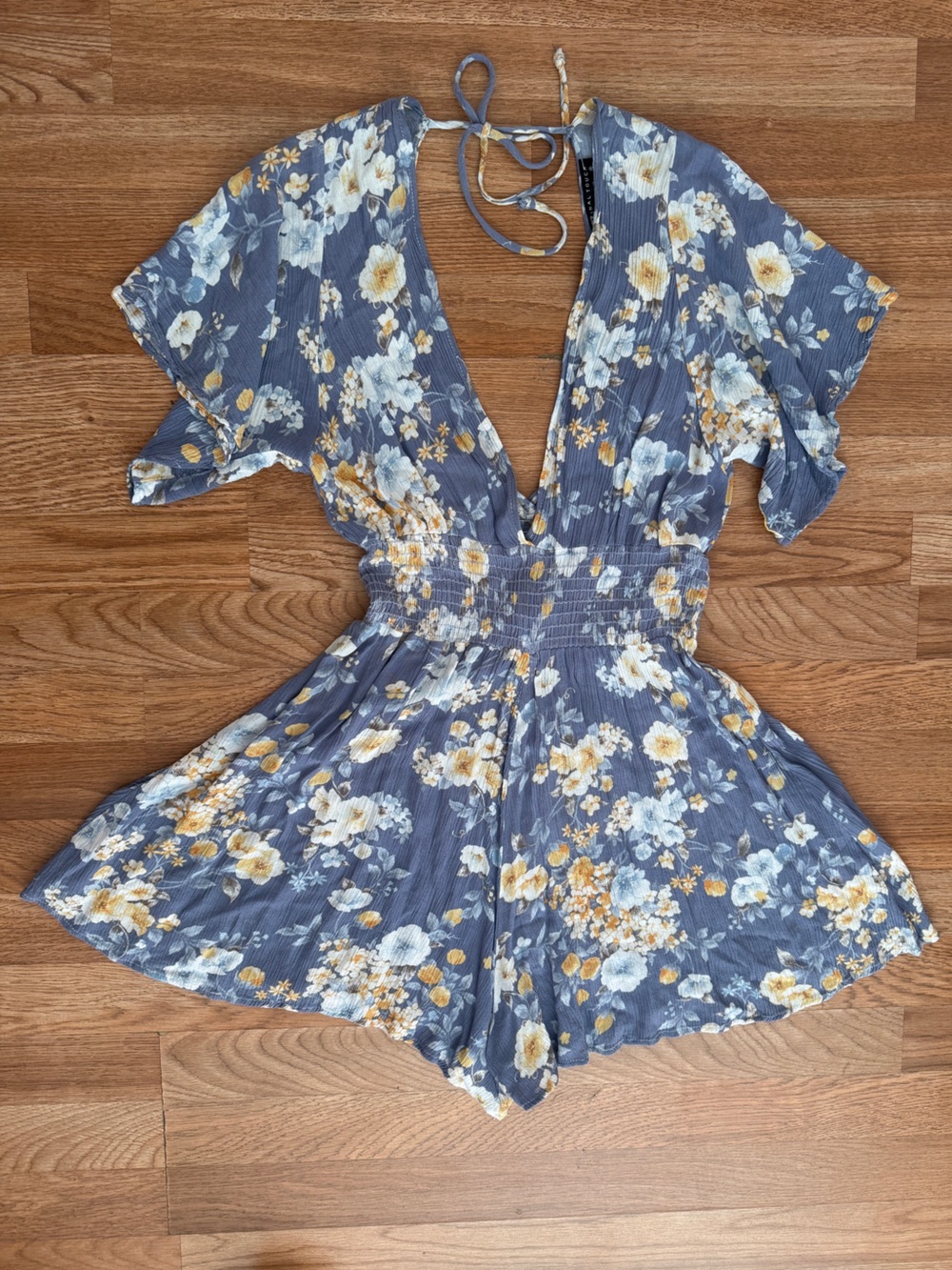 Final Touch Dusty Blue Floral Tie-Back Romper